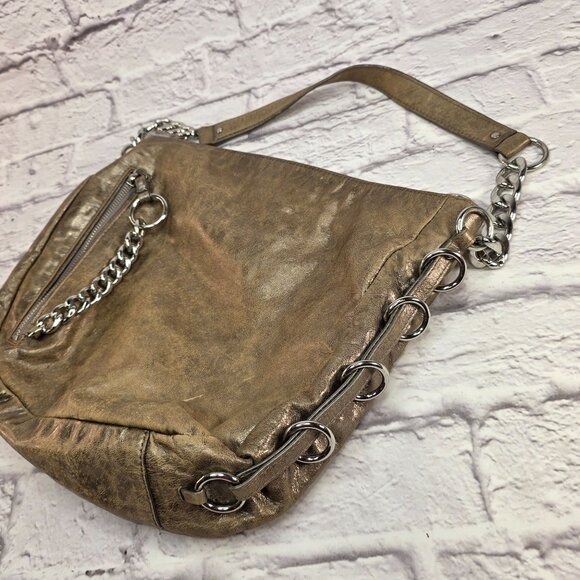 Michael Kors Designer Shoulder Bag Metallic Taupe Leather w/ Chain Accent - Picture 2 of 14